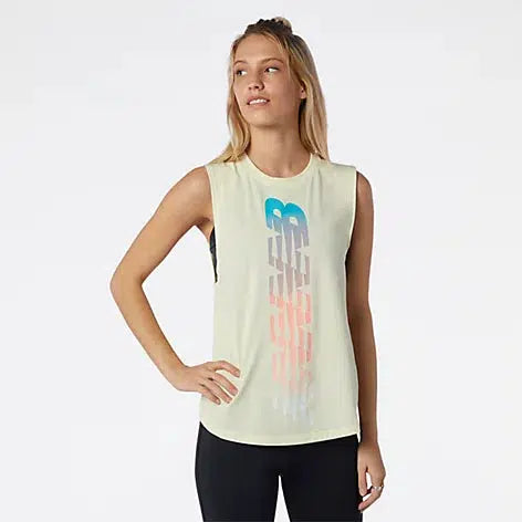 White New Balance Womens Relentless Cinched Back Graphic Tank Top