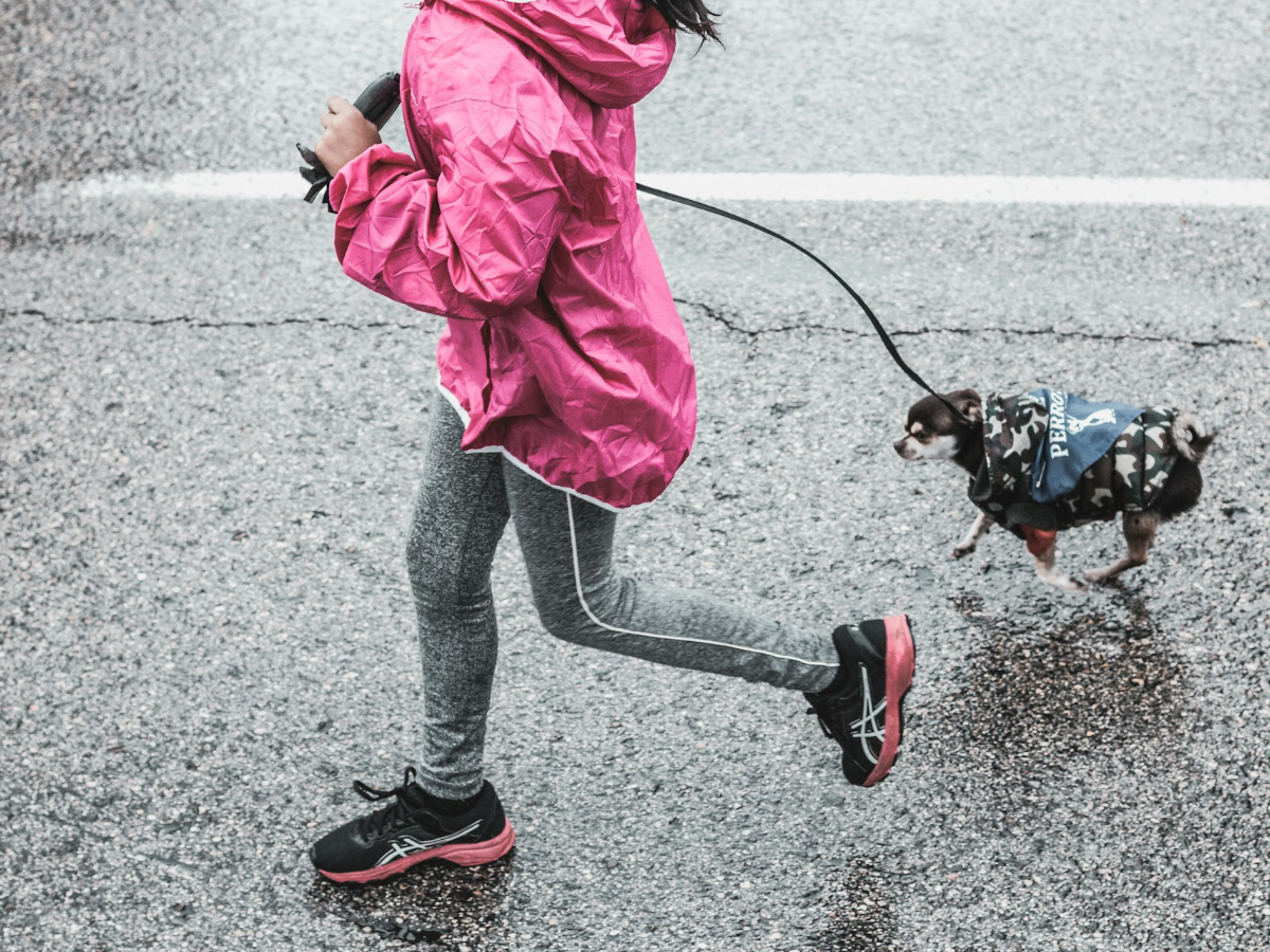 Woman wearing colourful road running shoes in the rain with a dog