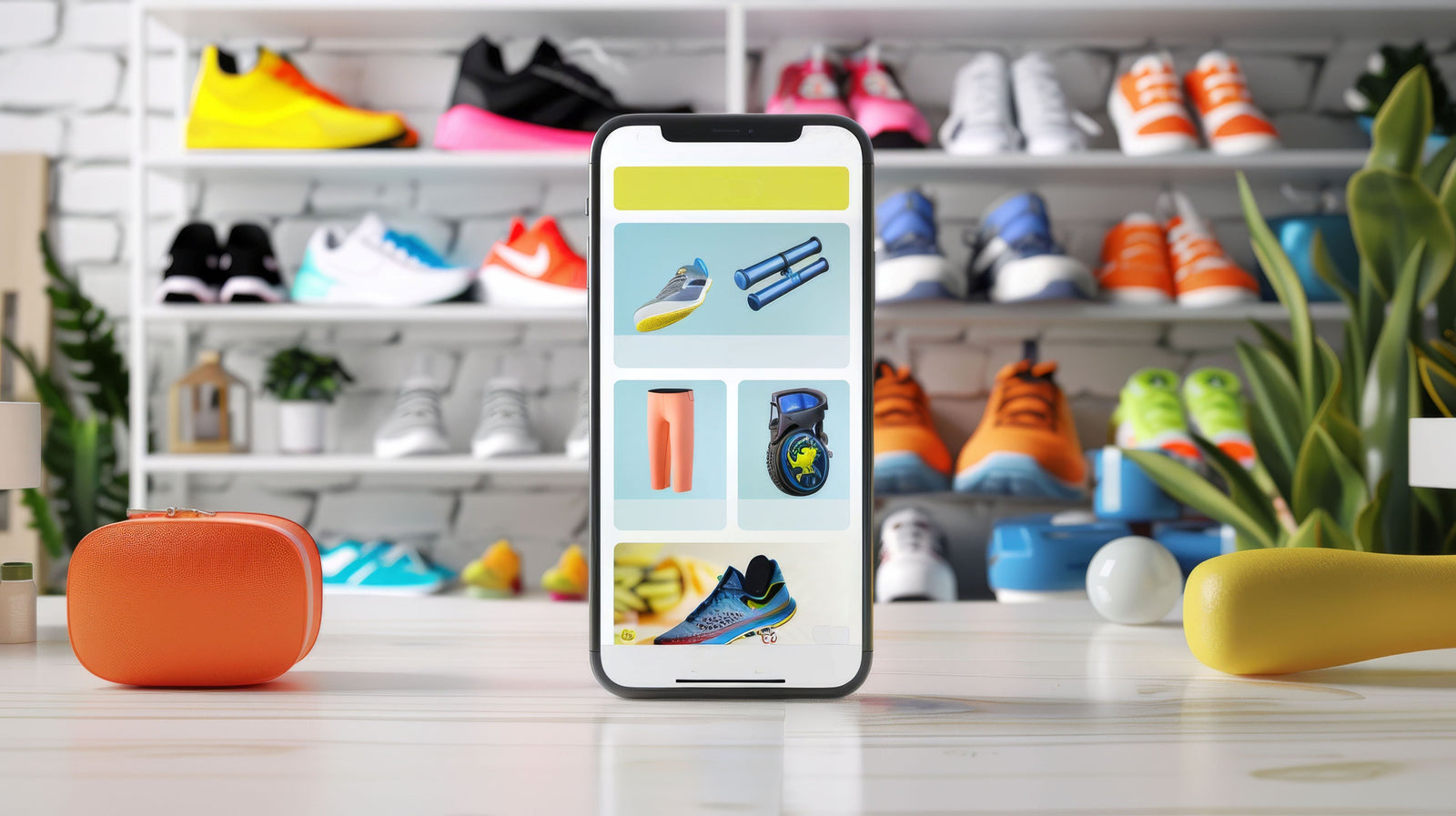 Mobile phone showing a selection of sport gear buying women's running shoes online