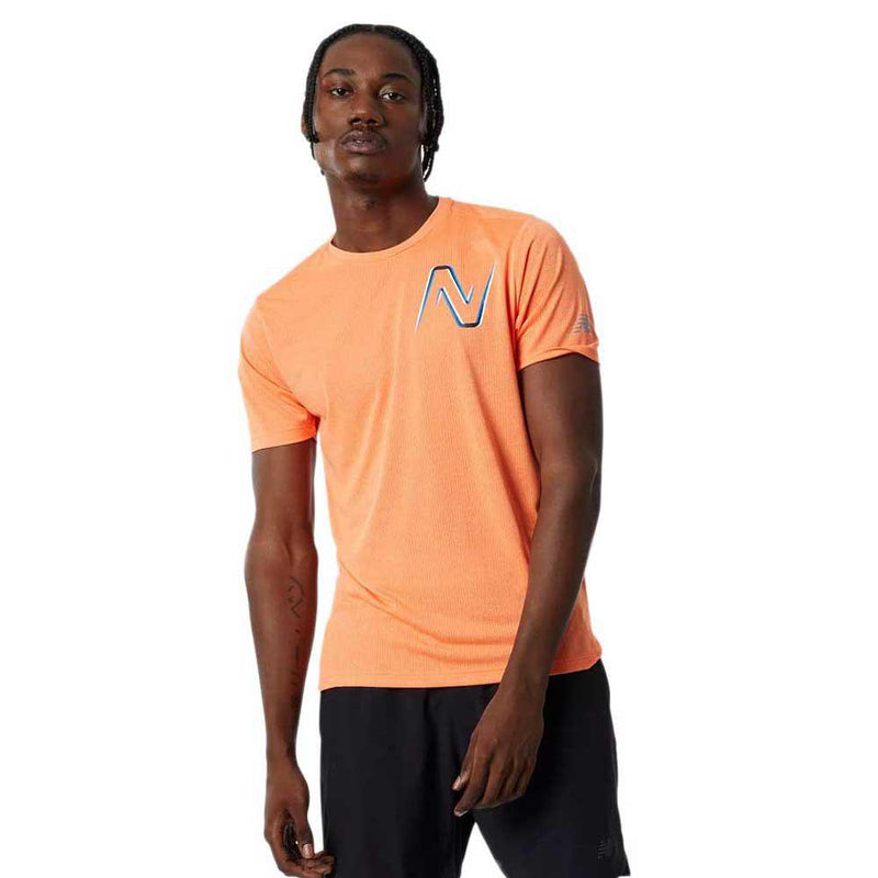 New Balance Men's Graphic Impact Run Short Sleeve - Vibrant Orange Leather-New Balance