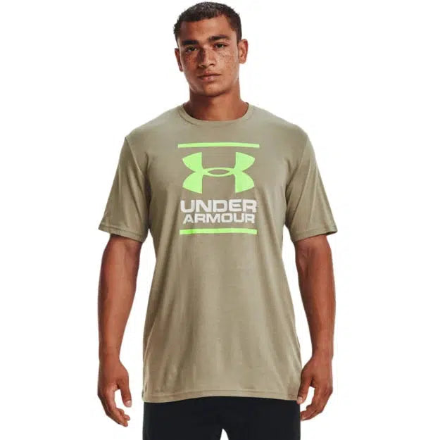 Under Armour Men&#39;s GL Foundation Short Sleeve T-Shirt- Khaki Grey/Lime-Under Armour